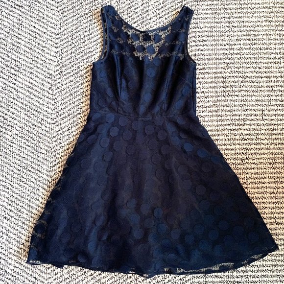 Betsy Johnson Illusion Navy Polka Dot Dress - Picture 1 of 4